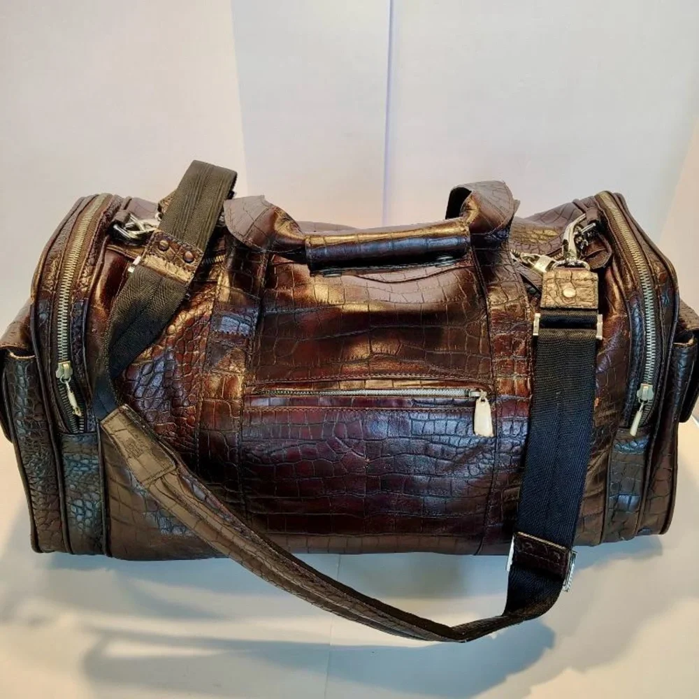 Vtg Bosca Crocodile Print Brown Leather Moda di Roma Travel Duffle Bag New